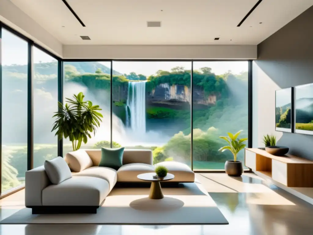 Oficina serena con vistas a la naturaleza Un espacio de oficina moderno y sereno con vistas a la naturaleza, iluminado por luz natural