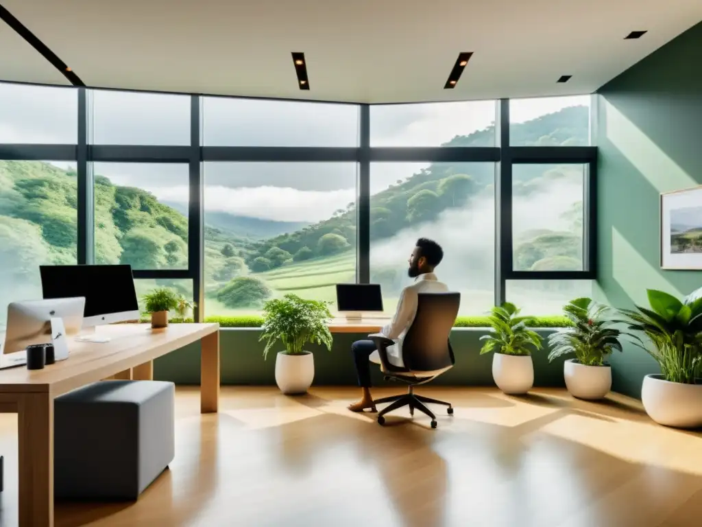 Oficina moderna con vistas relajantes y luz natural Espacio de oficina moderno y sereno con vista a la naturaleza, promoviendo hábitos saludables y beneficios para el sistema inmunológico