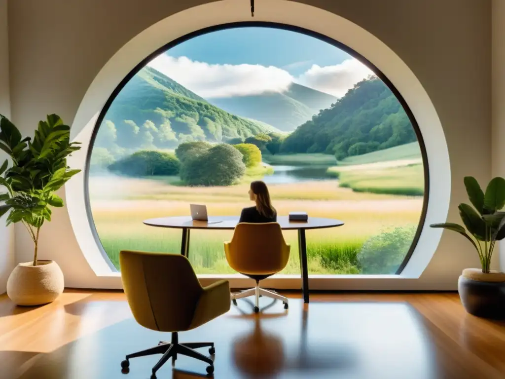 Entorno de oficina sereno para coaching emocional Un espacio de oficina moderno y sereno con una ventana amplia que da a un paisaje natural