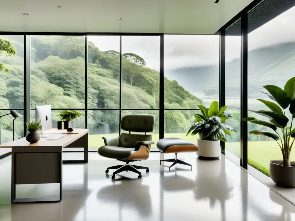 Oficina moderna con vista panorámica y ambiente relajado Espacio de oficina moderno y sereno con vista a un paisaje verde exuberante