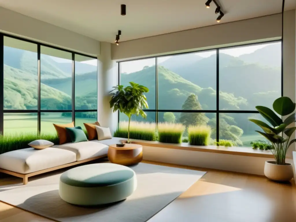 Oficina moderna con vista verde, tranquila y luminosa Un espacio de oficina moderno y sereno con vistas a un paisaje verde exuberante
