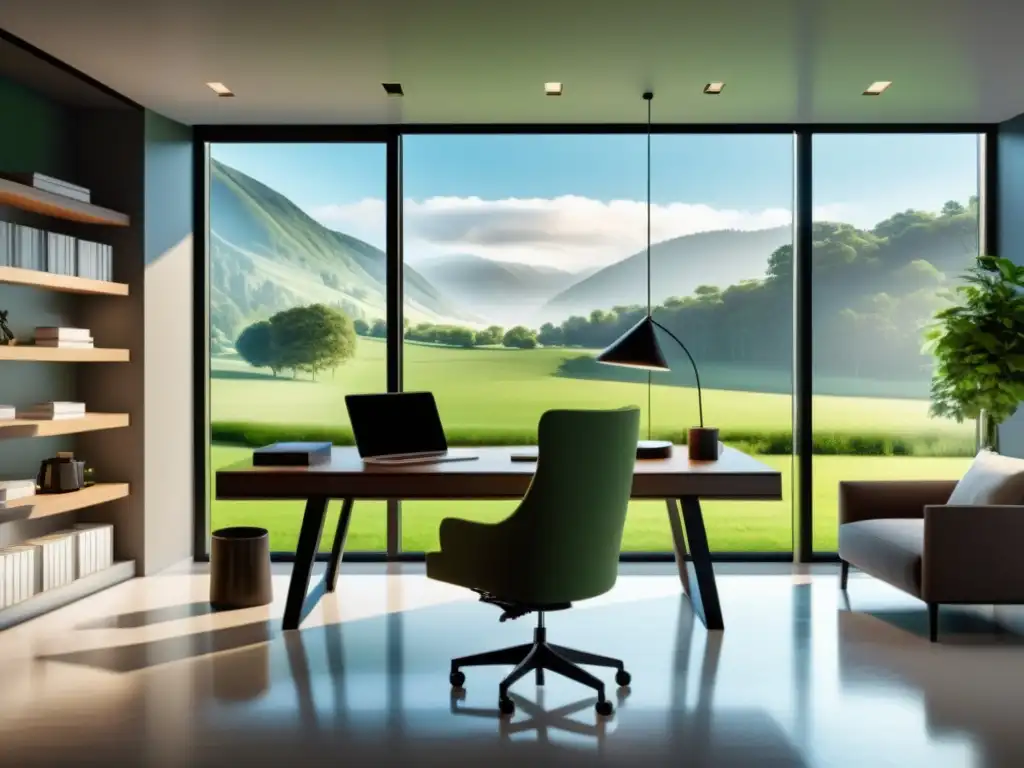 Oficina moderna con vista relajante y luminosa Espacio de oficina moderno y sereno con vista a un paisaje verde y tranquilo, ideal para el manejo del estrés y el sistema inmunológico