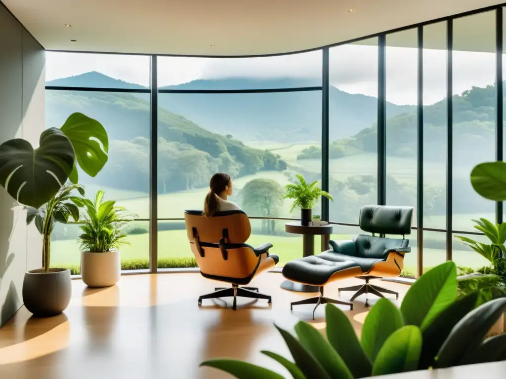 Un espacio de oficina sereno y moderno con vistas a un exuberante paisaje