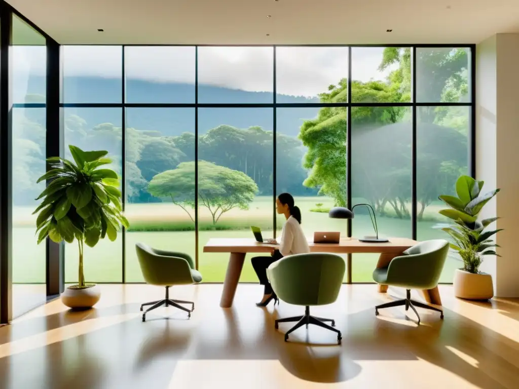 Oficina moderna con coaching en un entorno sereno Espacio de oficina sereno con vista a paisaje verde