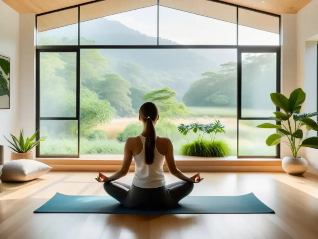 Serenidad en casa: Yoga en sala minimalista con vista natural Espacio de relajación con prácticas para fortalecer el sistema inmunológico