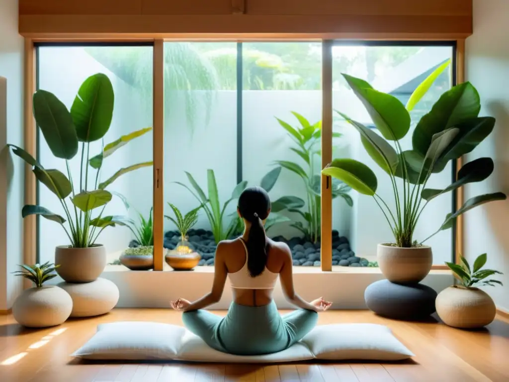 Sala de meditación serena con luz natural y tranquilidad Un espacio de meditación sereno, iluminado por luz natural