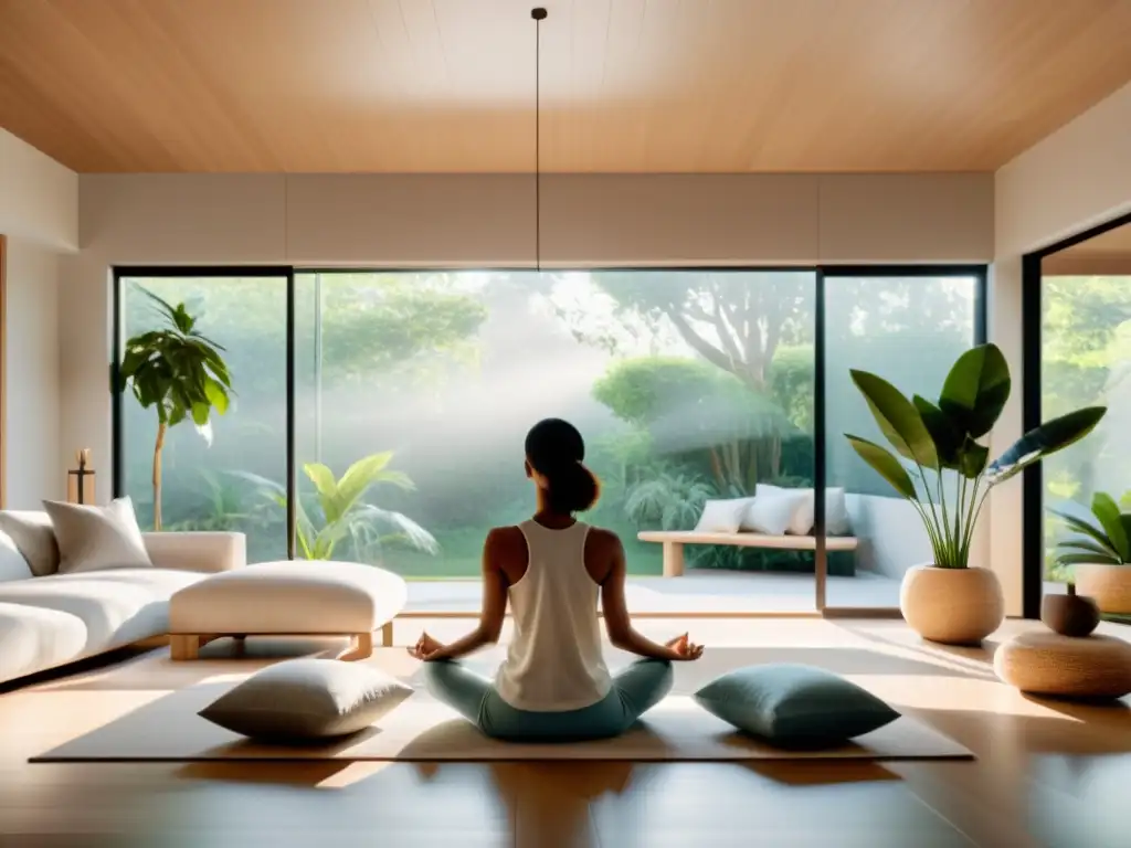 Espacio zen: Sala de estar minimalista para meditación Espacio sereno para meditación, inundado de luz natural