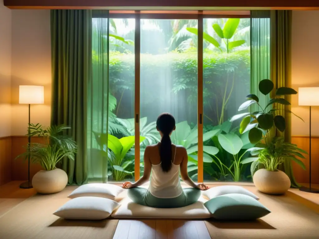 Espacio de meditación sereno con luz natural, plantas verdes y cojines para meditar