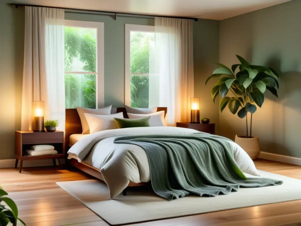 Refugio sereno: habitación acogedora con luz natural y toques de naturaleza Espacio sereno con luz natural, cama hecha, vela aromática y plantas