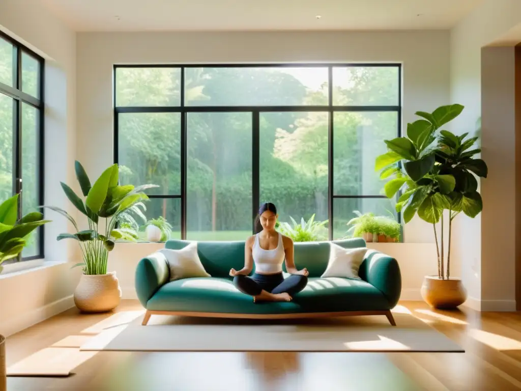 Serenidad y bienestar en un salón moderno con luz natural Espacio sereno y moderno para combatir el estrés y fortalecer el sistema inmunológico, con luz natural, plantas verdes y tranquilidad