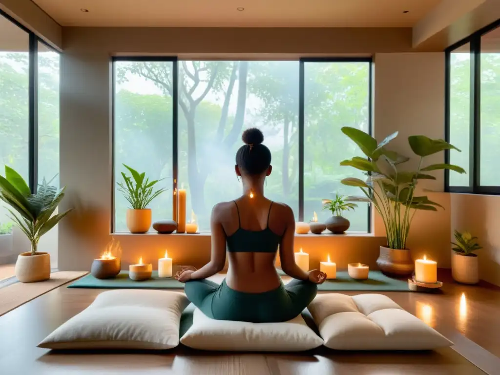 Un espacio de meditación sereno y moderno con luz natural, muebles minimalistas y una persona en meditación, creando un ambiente de tranquilidad y paz