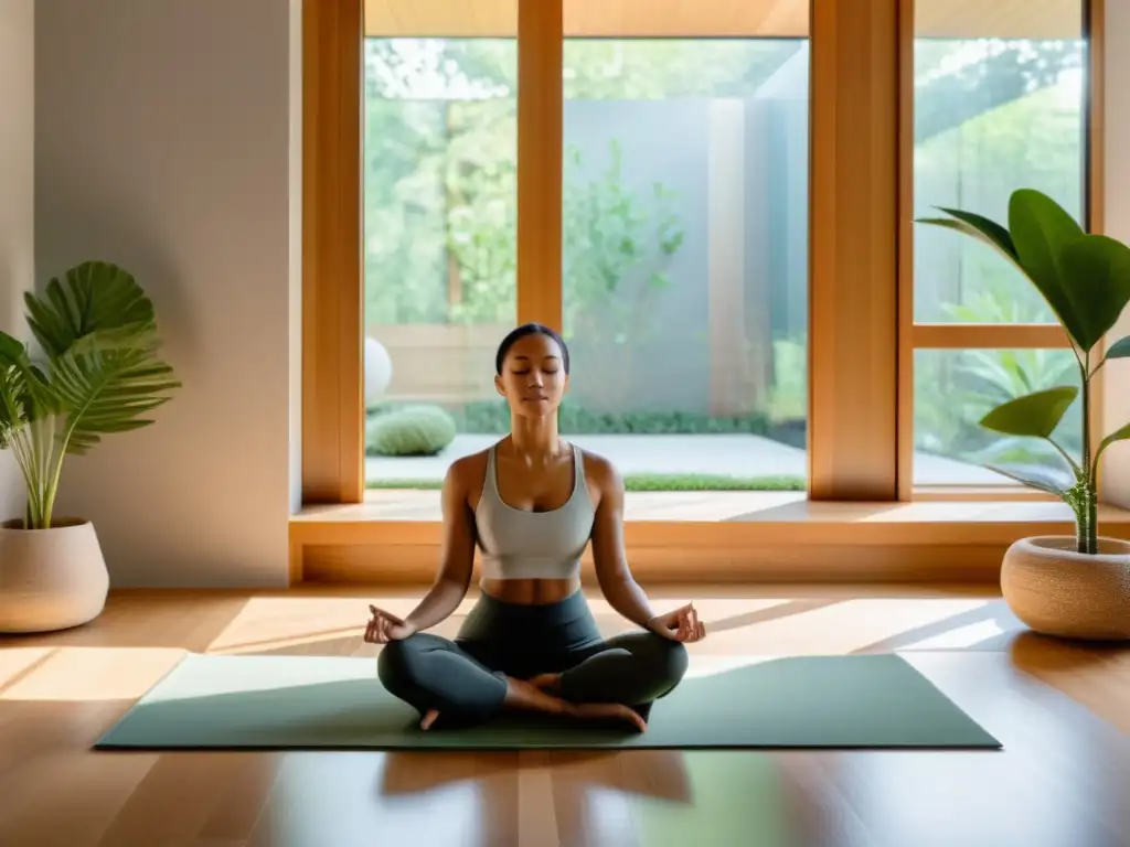 Espacio de meditación sereno y moderno con luz natural, decoración minimalista y persona meditando para fortalecer sistema inmunológico