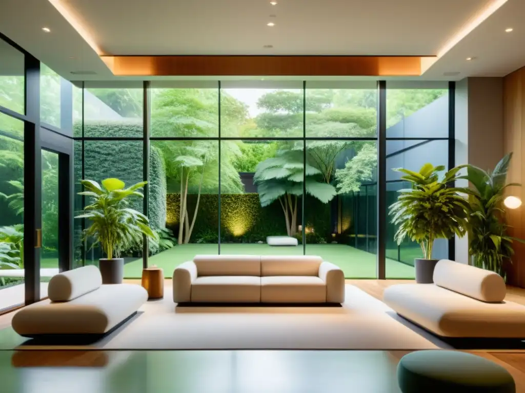 Centro de bienestar moderno y sereno con vistas al jardín Espacio sereno y moderno de salud integral con decoración minimalista y vistas a un jardín exuberante