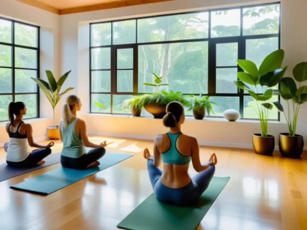 Práctica de Kundalini yoga en un estudio luminoso Espacio sereno de Kundalini Yoga para fortalecer sistema inmunológico, con luz natural, plantas verdes y práctica grupal de yoga