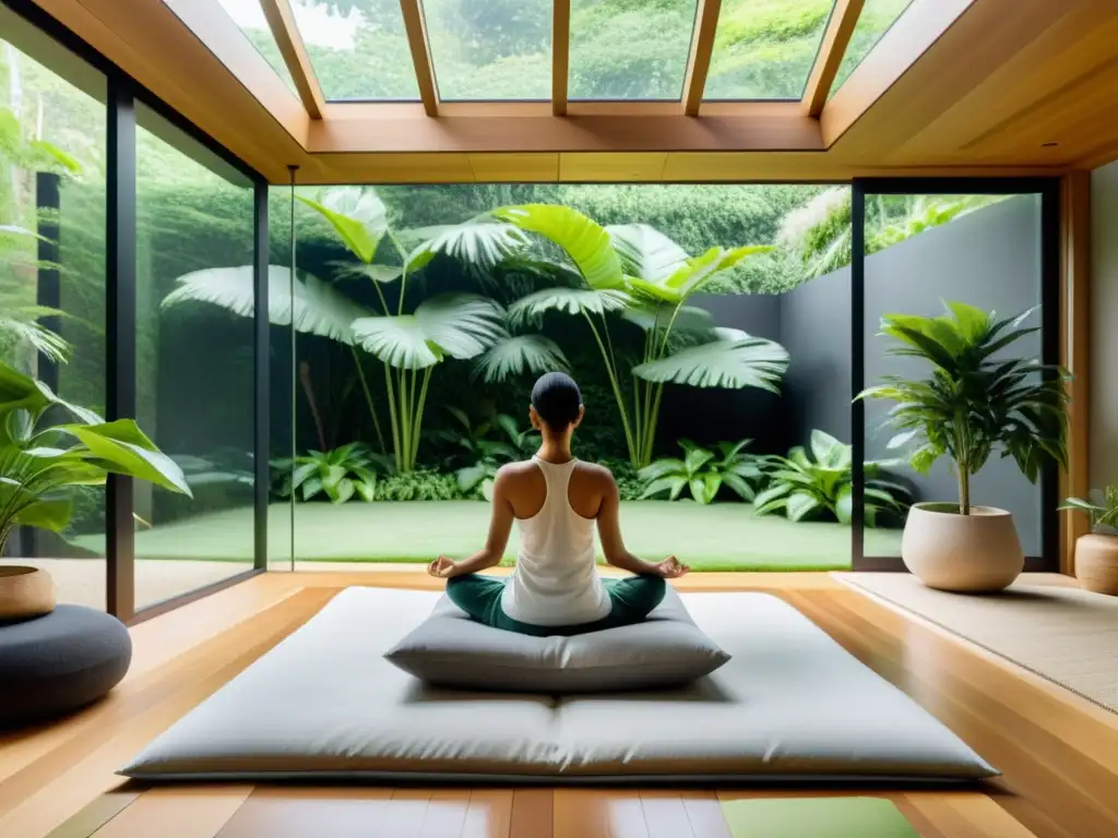 Sala de meditación minimalista con vistas al jardín Espacio de meditación sereno con vista a jardín, luz natural y técnica de meditación para fortalecer sistema inmune