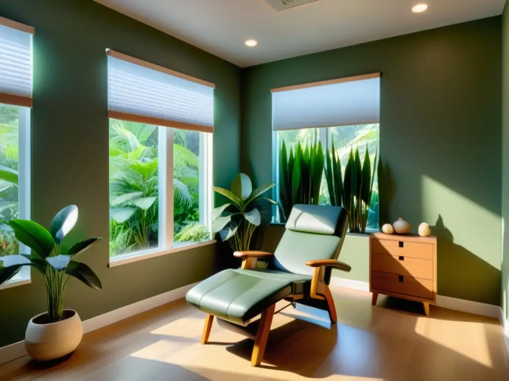 Espacio de terapia sereno y moderno para acupuntura y masaje Espacio de terapias alternativas seguro médico con luz natural, silla reclinable, paleta de colores relajantes y plantas verdes exuberantes, ideal para acupuntura, masajes y meditación