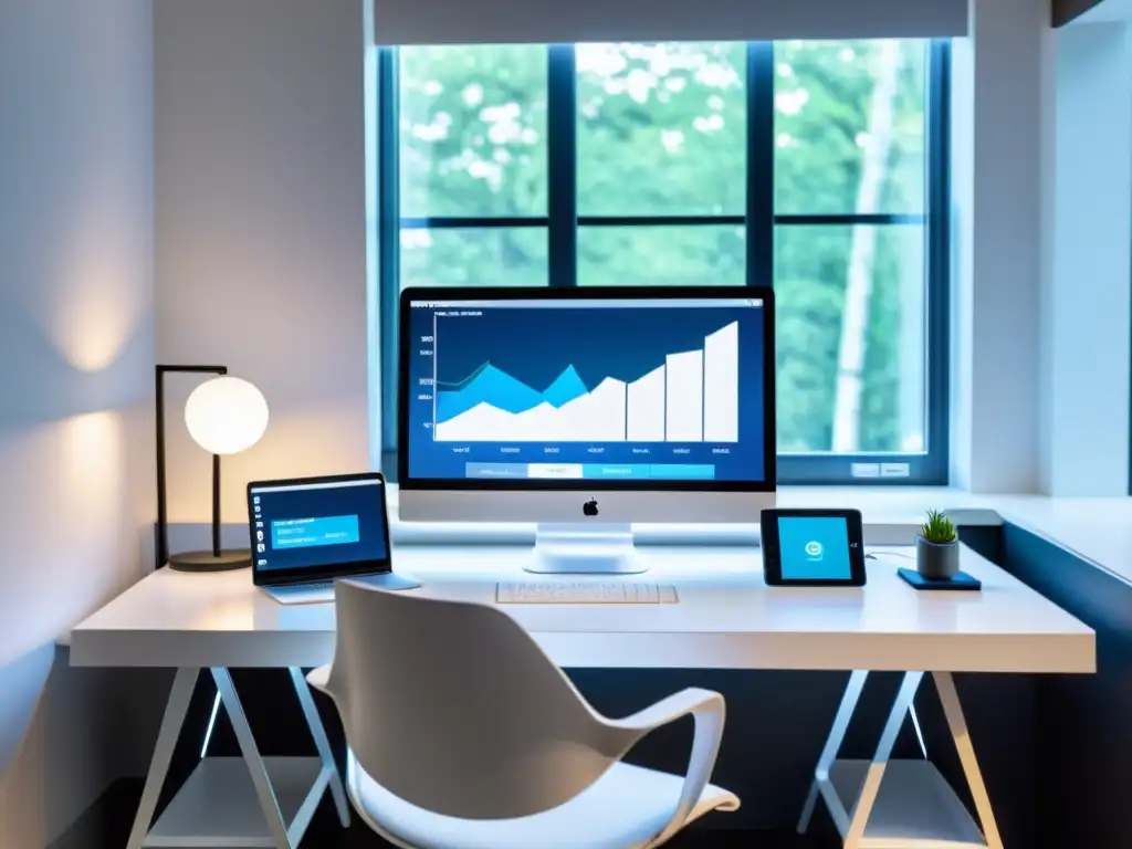 Espacio de trabajo en casa moderno con dispositivos de monitoreo inmunológico para uso doméstico, ventana grande y ambiente profesional y acogedor