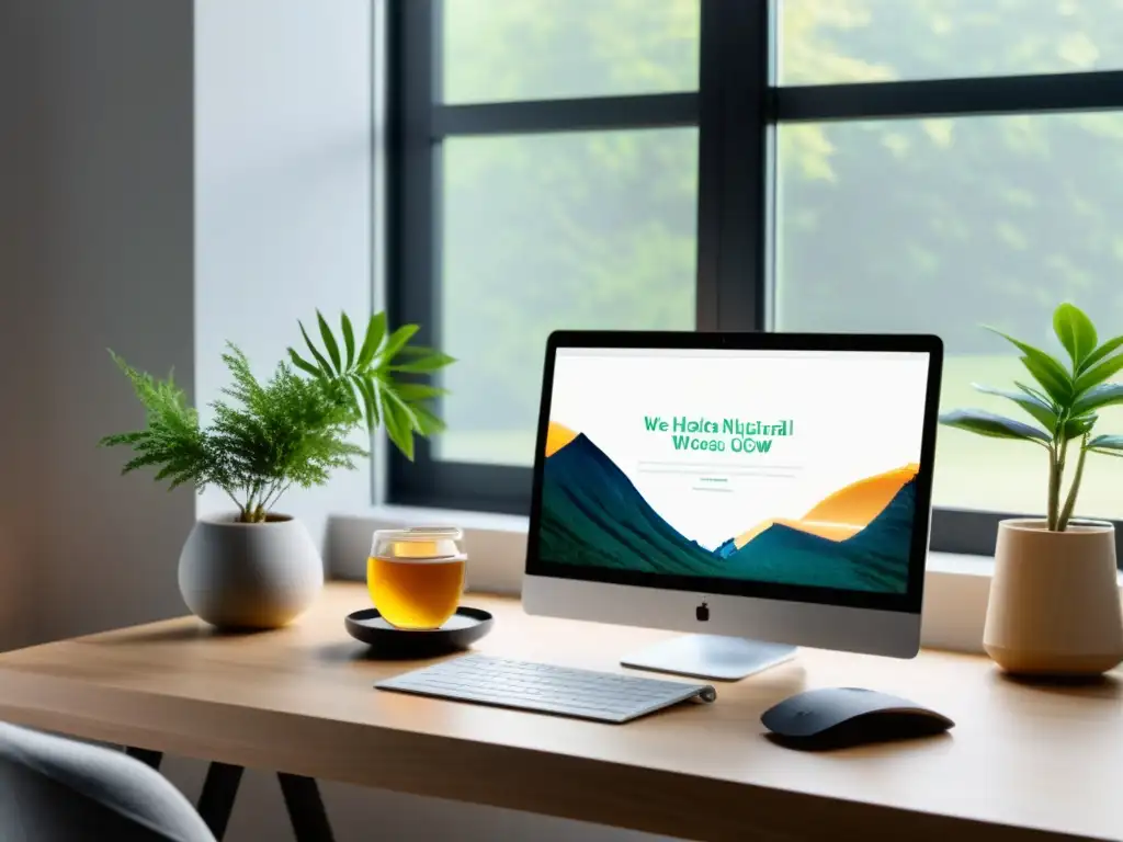 Workspace tranquilo y moderno para gestionar el estrés Un espacio de trabajo minimalista y relajante con una laptop, té de hierbas, una planta y un difusor de aceites esenciales