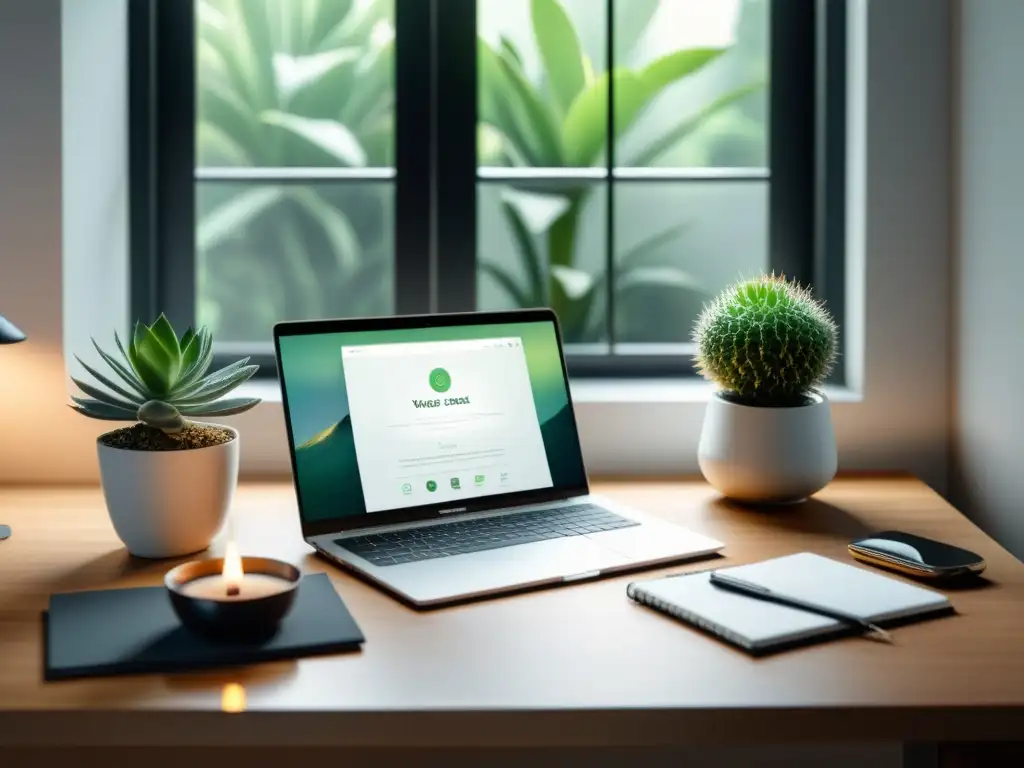 Escritorio moderno con aplicación de manejo del estrés, plantas y té Espacio de trabajo sereno con laptop mostrando aplicación de control del estrés, plantas, té y diario de mindfulness