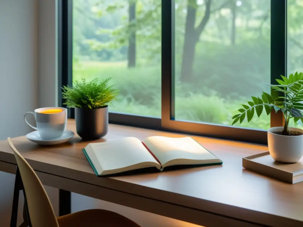 Espacio de trabajo sereno con vistas a la naturaleza Espacio de trabajo sereno con ventana grande que muestra escena natural