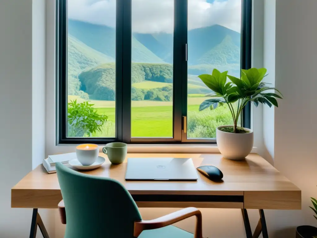 Espacio de trabajo zen con vistas naturales relajantes Espacio de trabajo sereno con vista a la naturaleza, perfecto para aplicaciones para controlar el estrés