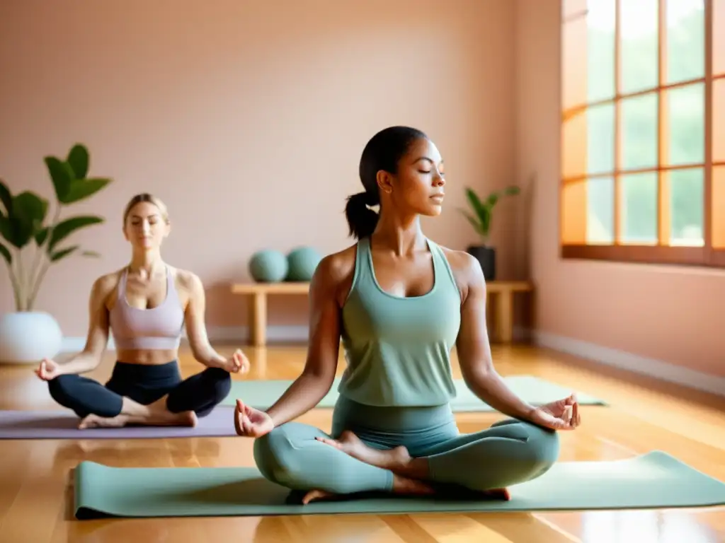 Estudio de yoga sereno con instructor y estudiantes en pose restaurativa Espacio de yoga tranquilo y equilibrado con instructor y estudiantes en pose restaurativa