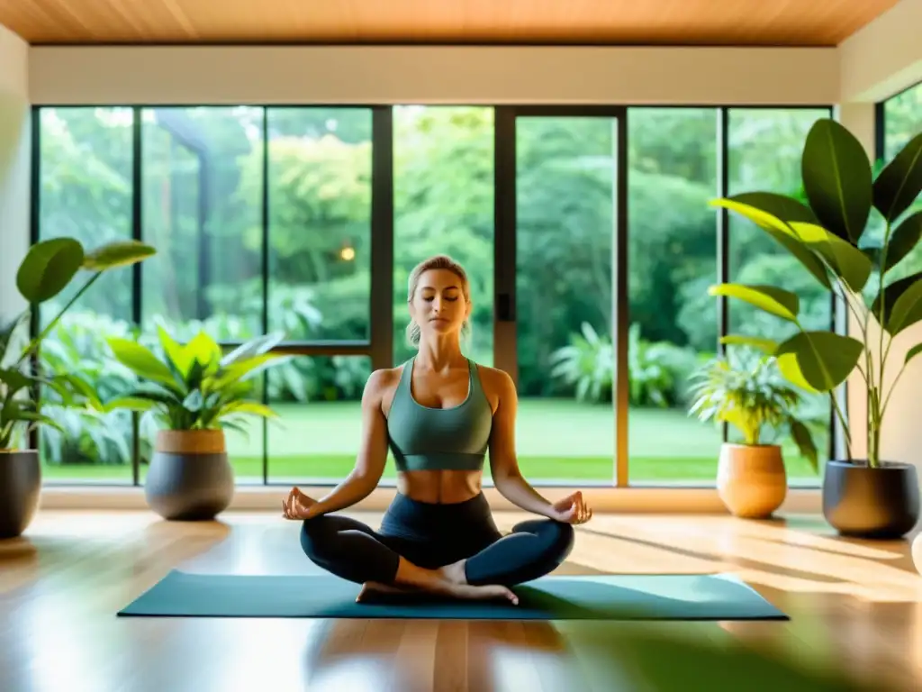 Salón sereno con yoga en jardín Espacio de vida moderno, luminoso y tranquilo con vista a un exuberante jardín