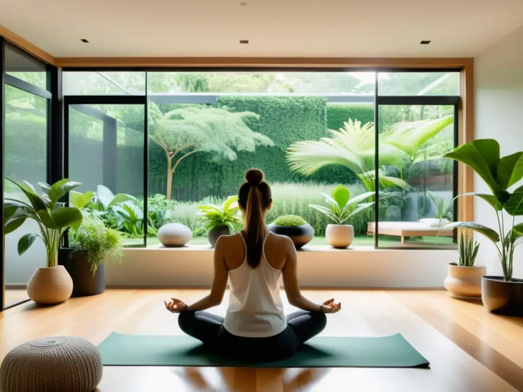 Espacio de vida moderno y sereno con vista a jardín