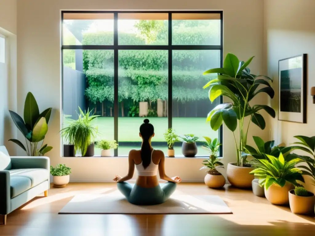 Espacio de meditación sereno con vistas a jardín exuberante Espacio de vida moderno y sereno con vista a un jardín exuberante