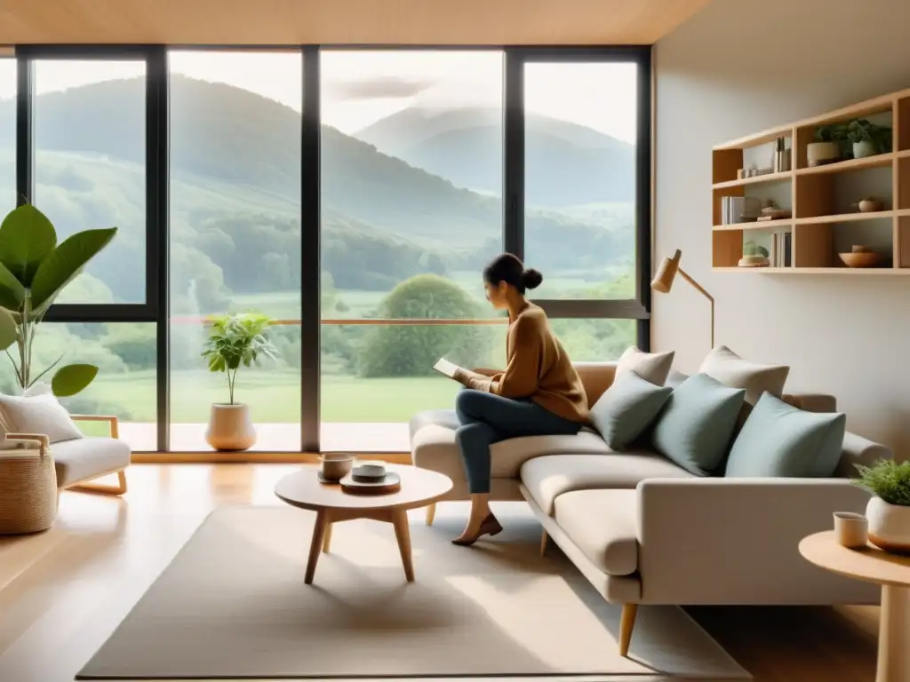 Serenidad en casa: Sala moderna con vista natural y atmósfera relajante Espacio de vida sereno con prácticas de relajación para fortalecer el sistema inmunológico, decorado en tonos tierra y rodeado de naturaleza