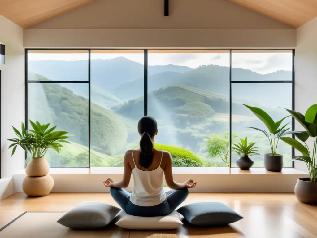 Salón minimalista con meditación y naturaleza Espacio de meditación con vista a la naturaleza, bañado en luz natural