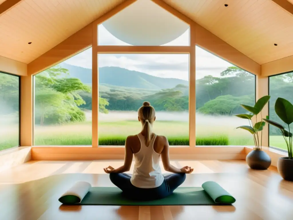 Espacio de meditación sereno con vista a la naturaleza Espacio de meditación con vista a la naturaleza, transmitiendo calma y serenidad