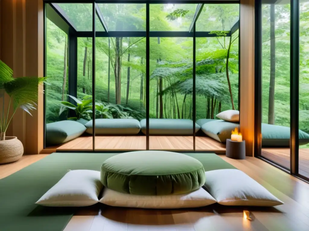 Sala de meditación con vista a un bosque: tranquilidad y calma Espacio de meditación con vista a la naturaleza exudando tranquilidad y promoviendo la conexión entre meditación y el sistema inmunológico