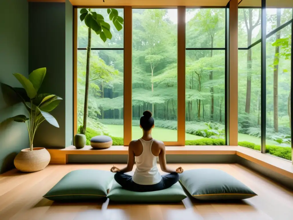 Sala de meditación minimalista con vista al bosque Espacio de meditación con vista al bosque