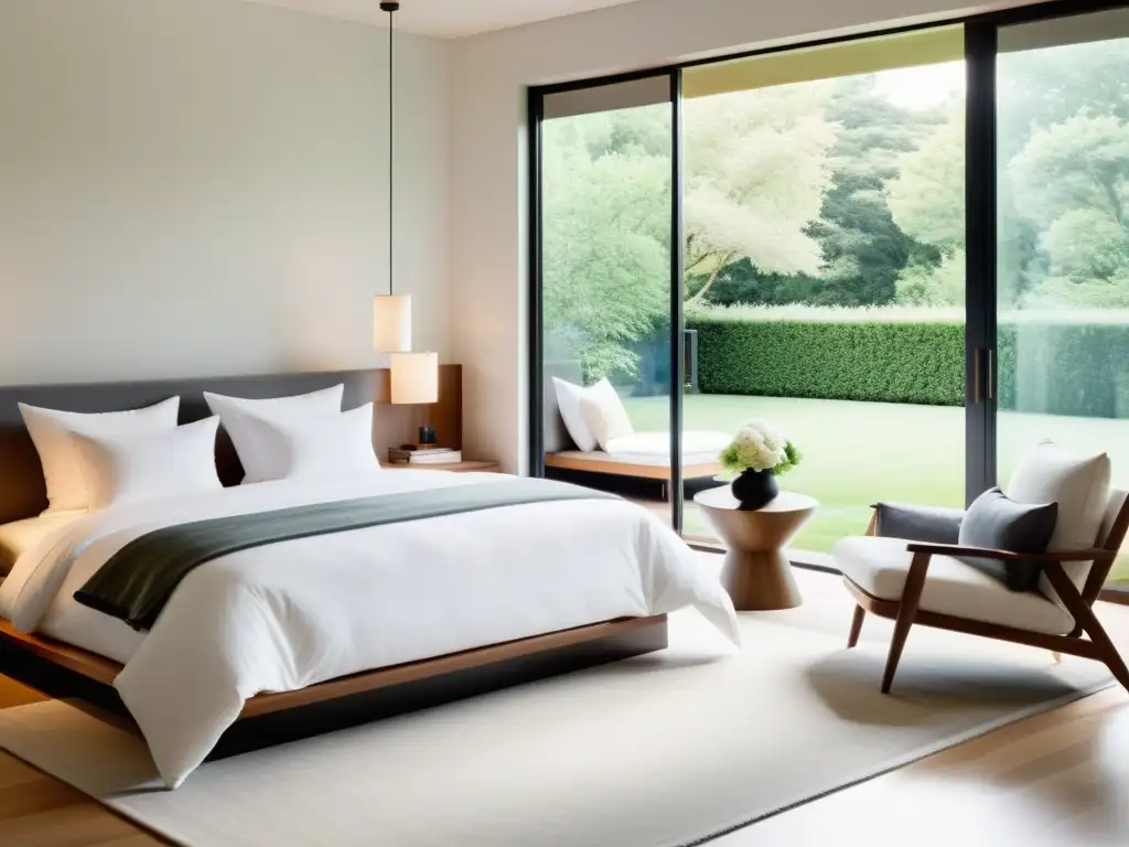 Dormitorio moderno y sereno con vistas al jardín Espacioso dormitorio moderno con luz natural, decoración minimalista y vista a un jardín exuberante