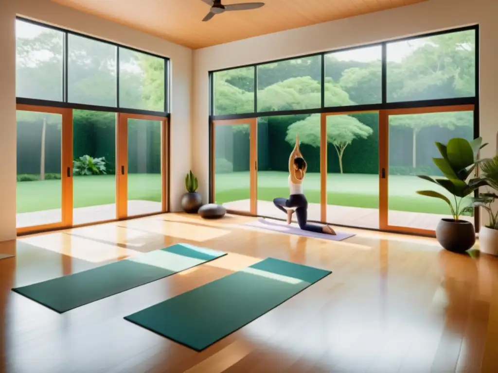 Espacioso estudio de yoga con luz natural y gente practicando juntos, creando una atmósfera de serenidad y mejora inmunidad salud mental