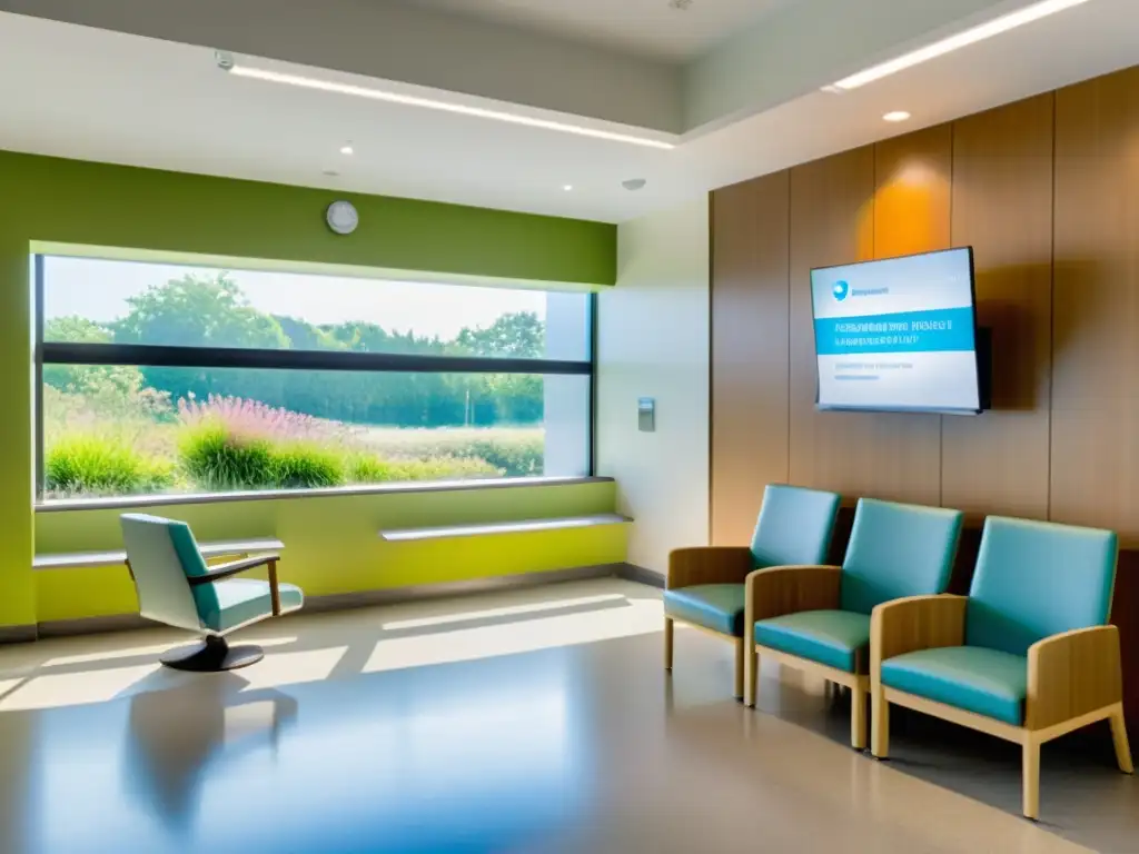 Sala de espera hospitalaria moderna y acogedora con vista al jardín Espacioso y luminoso hospital con pacientes tranquilos y personal amable