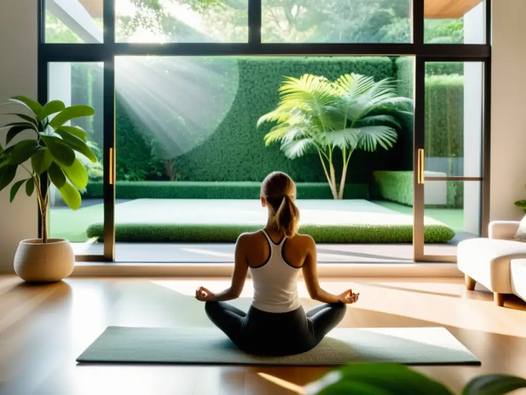 Serenidad moderna: sala de estar con yoga y jardín exuberante Espacioso salón moderno con vista a jardín verde