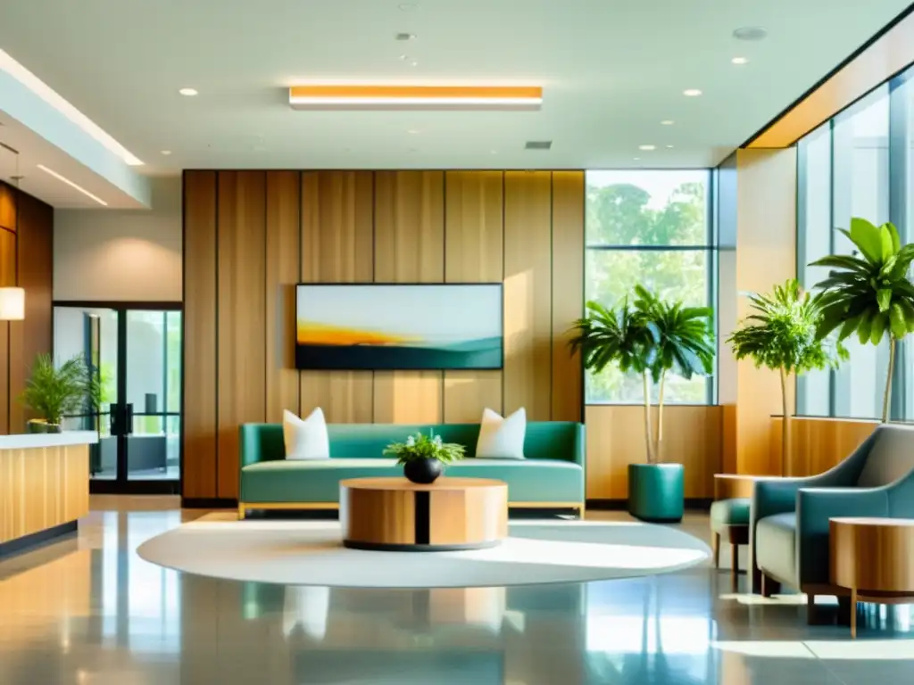 Recepción de clínica moderna con luz natural y ambiente calmado Espacioso vestíbulo de centro médico con diseño moderno y sereno