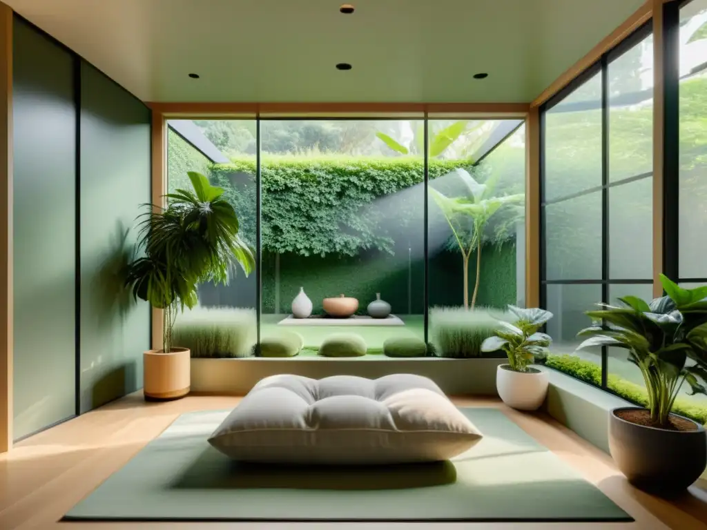 Serenidad en sala de meditación con vista al jardín Espacioso salón de meditación con vista a un jardín sereno