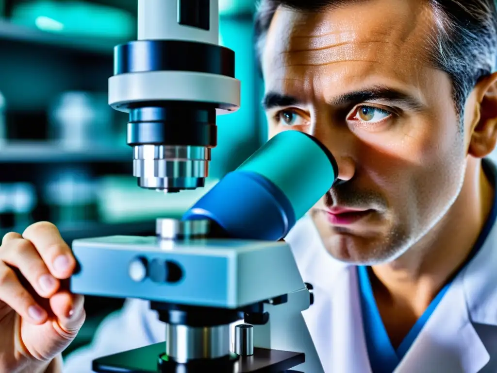 Análisis detallado de células inmunitarias bajo microscopio Un especialista en inmunología analiza células del sistema inmune con un microscopio de última generación