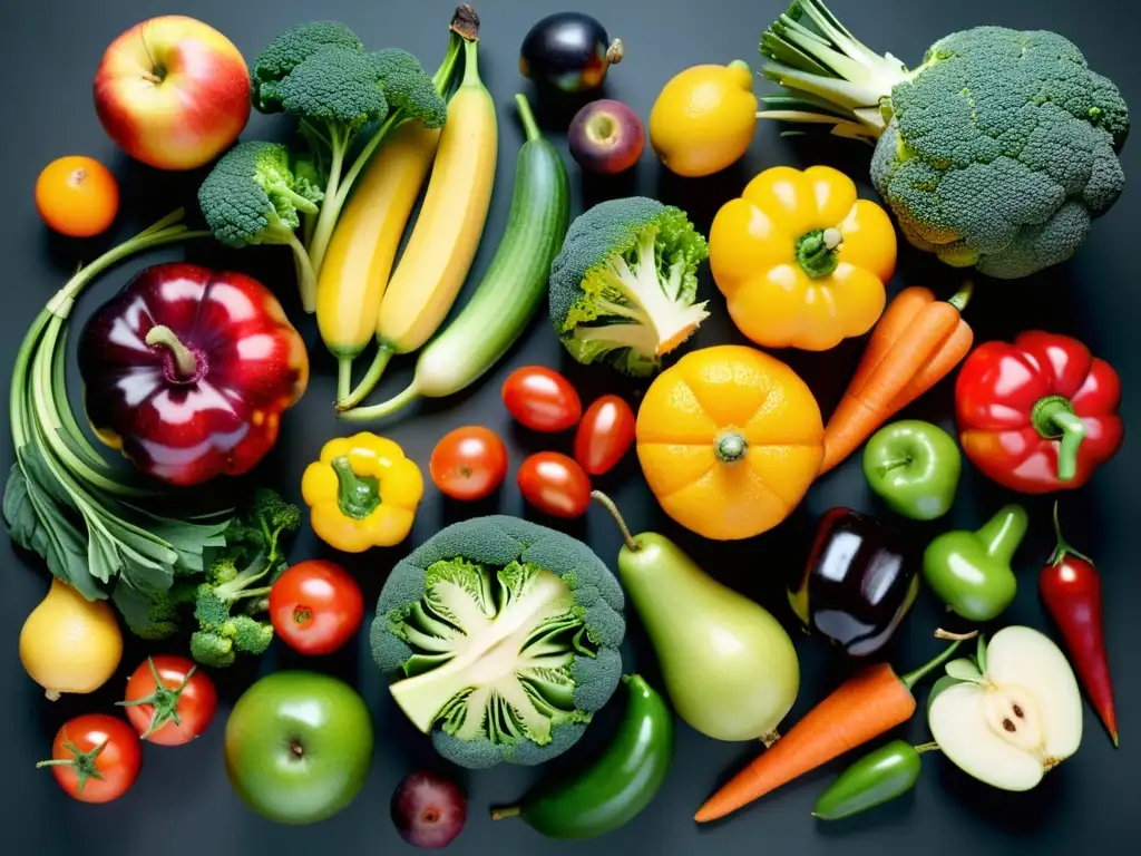 Exuberante exhibición de frutas y verduras: mitos superalimentos Una espectacular exhibición de frutas y verduras coloridas resalta la belleza y variedad de alimentos saludables para el sistema inmunológico
