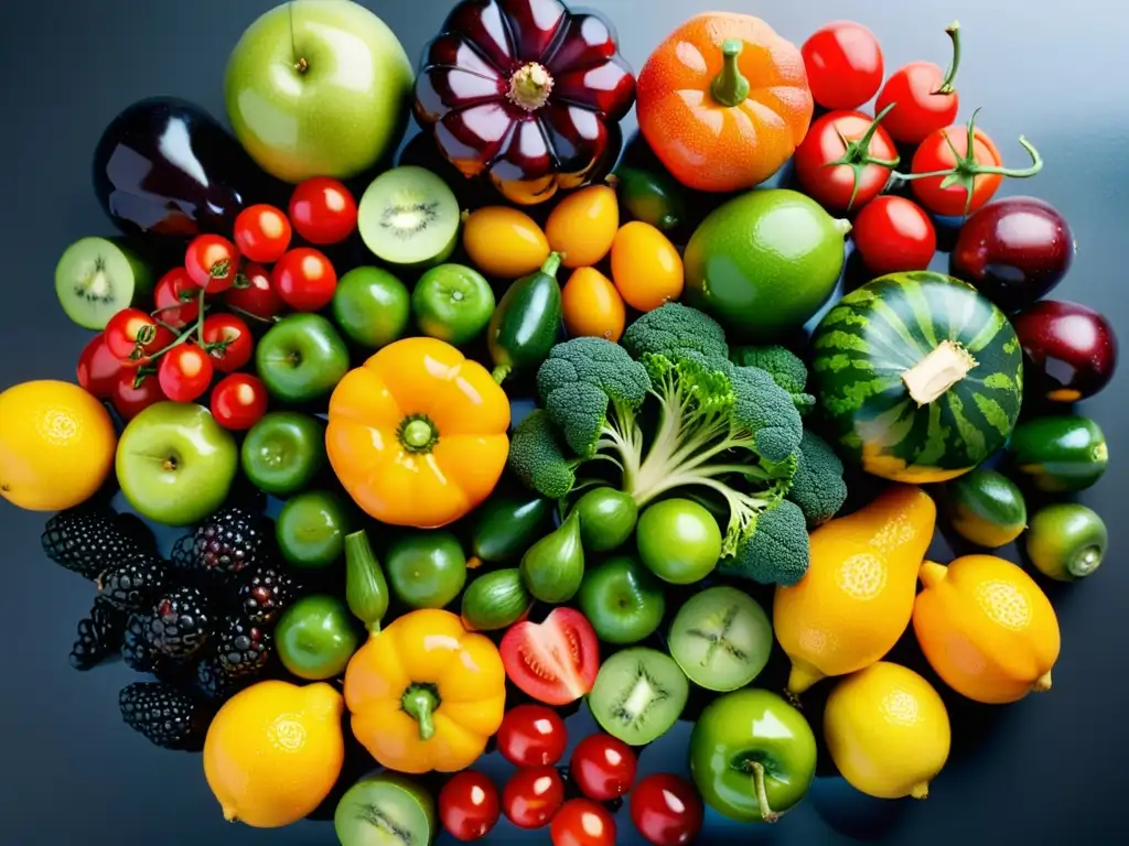 Arte fresco: Frutas y verduras vibrantes en círculo Un estallido de colores y frescura en frutas y verduras, clave para fortalecer sistema inmunológico