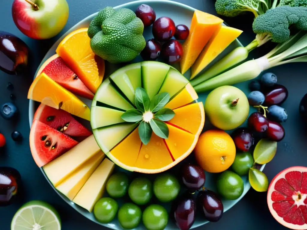 Un estallido de colores y frescura: frutas y verduras en un patrón circular, detalladas y brillantes con gotas de agua
