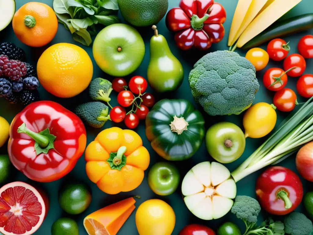 Patrón vibrante de frutas y verduras para la salud Un estallido de colores vibrantes de frutas y verduras en un patrón visualmente atractivo, realzando alimentos y homeopatía para sistema inmunológico