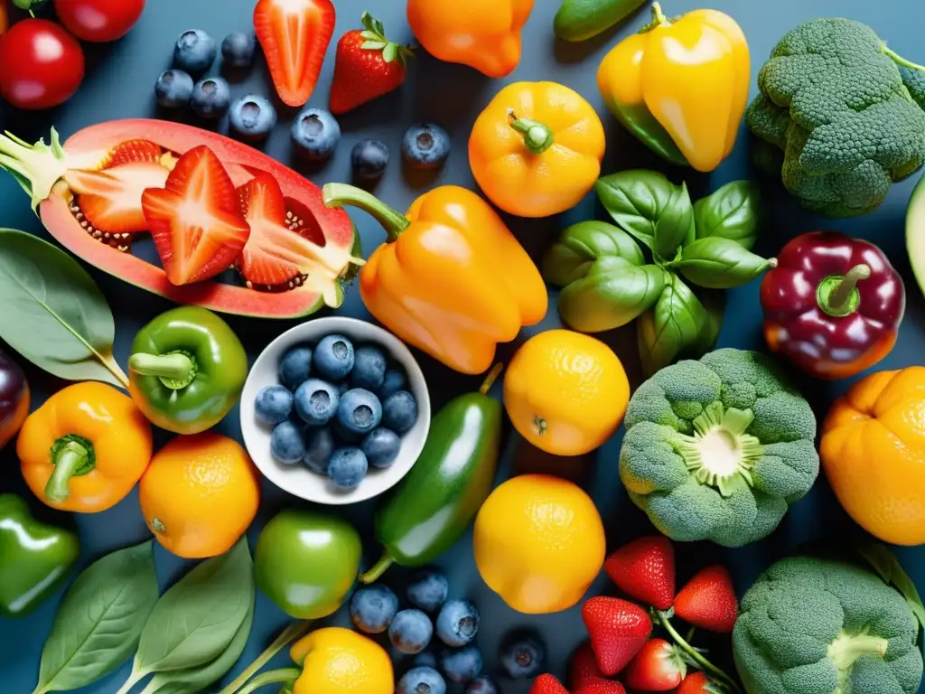 Vibrante selección de frutas y verduras: 8k ultra detalle Un estallido de frutas y verduras vibrantes y variadas, simbolizando los beneficios de los alimentos funcionales para fortalecer inmunidad
