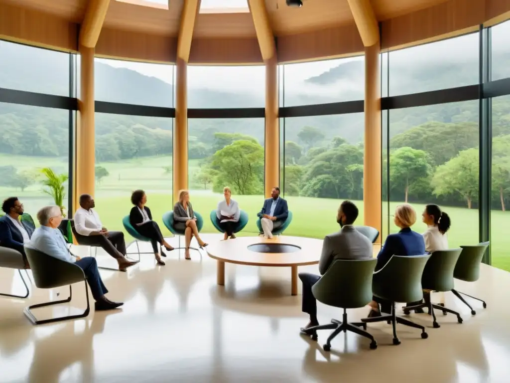 Sesión de gestión del estrés en un aula moderna con vista a un paisaje verde