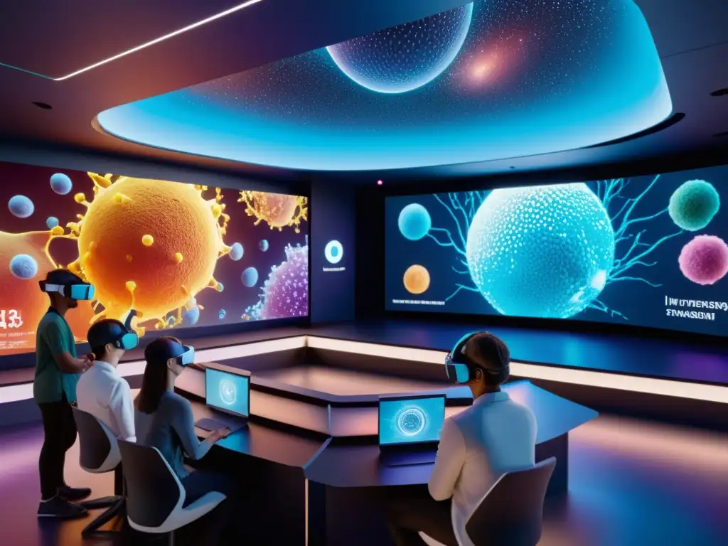 Clase de realidad virtual inmersiva del sistema inmune Estudiantes explorando el sistema inmunológico en aula virtual futurista