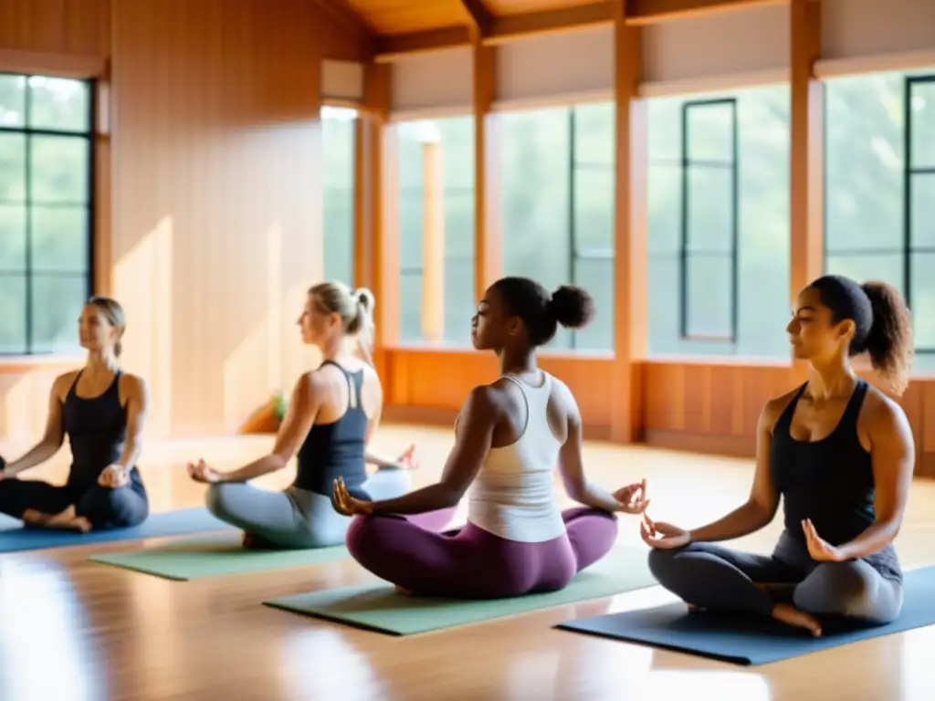 Clase de yoga en un estudio sereno: paz y bienestar Estudio de yoga con luz natural, grupo practicando posturas