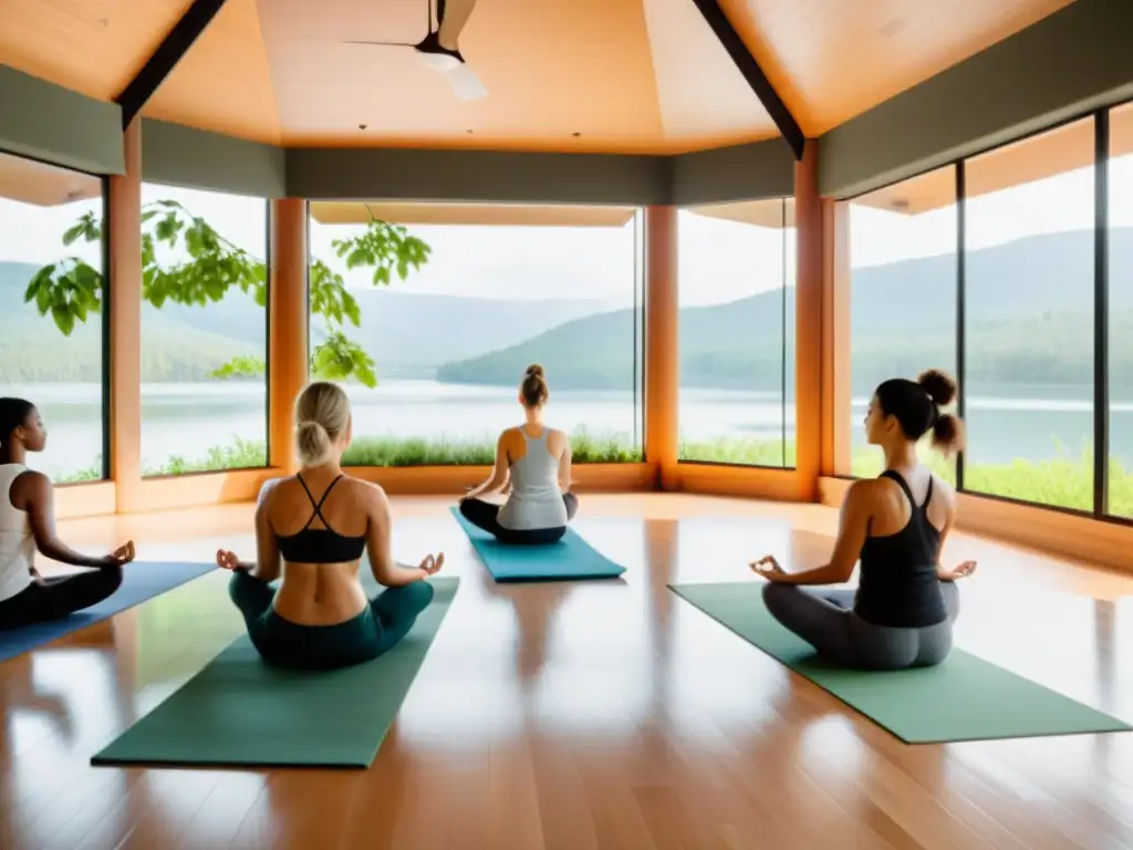 Estudio de yoga moderno con vista al lago Un estudio de yoga moderno, bañado en luz natural, con vista panorámica a un lago tranquilo rodeado de vegetación exuberante